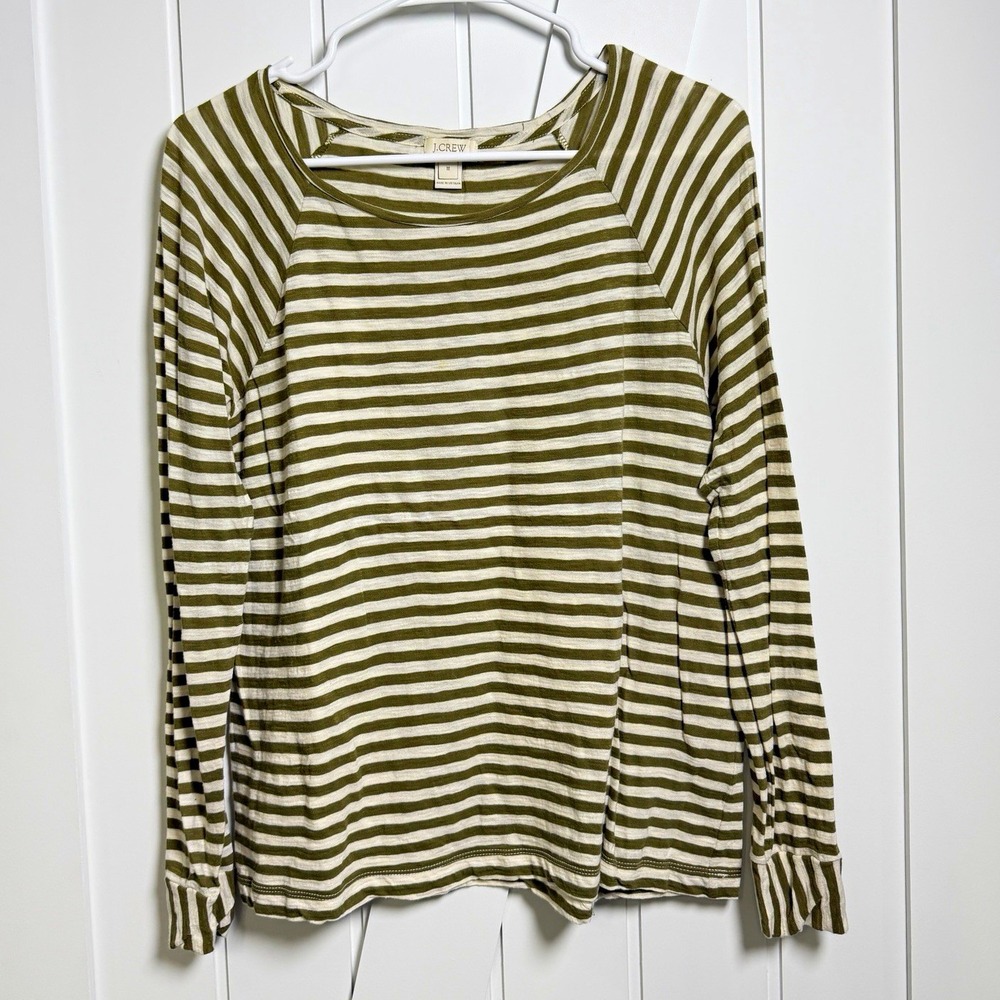 J.Crew Women's Striped Scoop Neck Top Green/White 100% Cotton size medium Casual